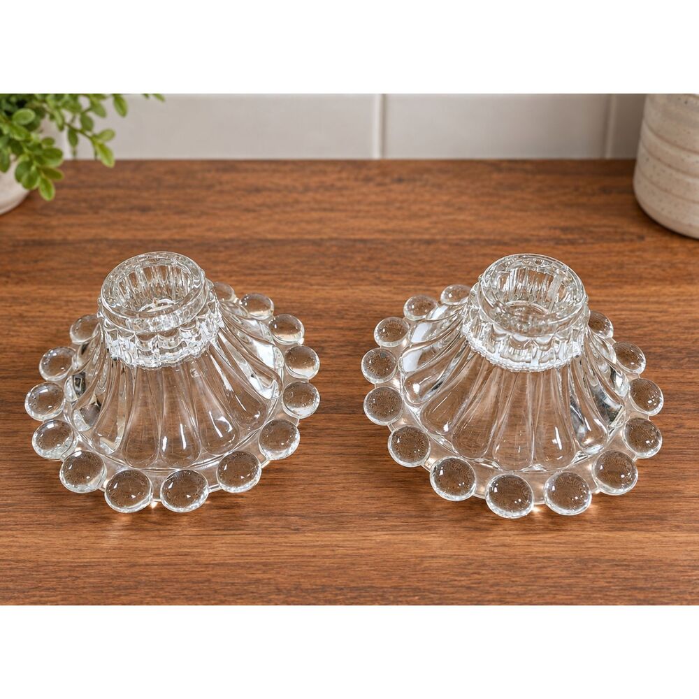 Vintage Anchor Hocking Boopie Berwick Clear Glass Candlestick Holders Set 2